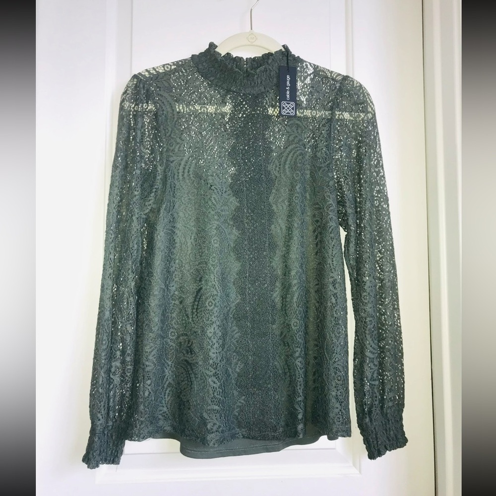 Lace High-Neck Blouse in Olive Green - Unknown Brand